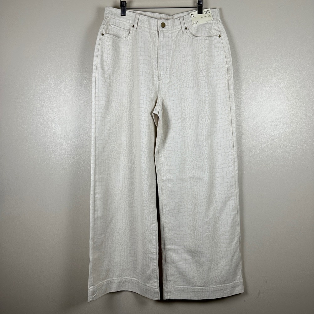 a.n.a Women's 12 Wide Leg Pants Cream Snakeskin Embossed High Rise NEW